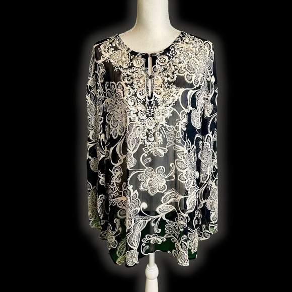 Oscar de la Renta Tops - Oscar de la Renta Black & White 100% Silk Embroidered Long Sleeve Tunic Size 12